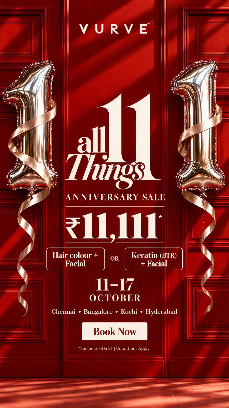 Vurve anniversary offers: hair colour or keratin with facial at ₹11,111, 11–17 October 2026.”
