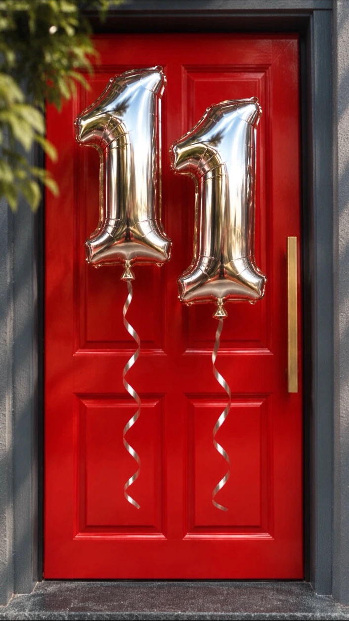 Two silver number one balloons in front of Vurve’s red door